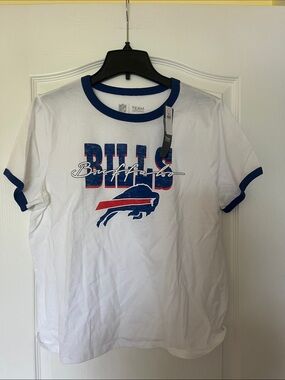 NFL Buffalo Bills White Ringer Tee with Blue Trim and Red/Blue Bills Logo